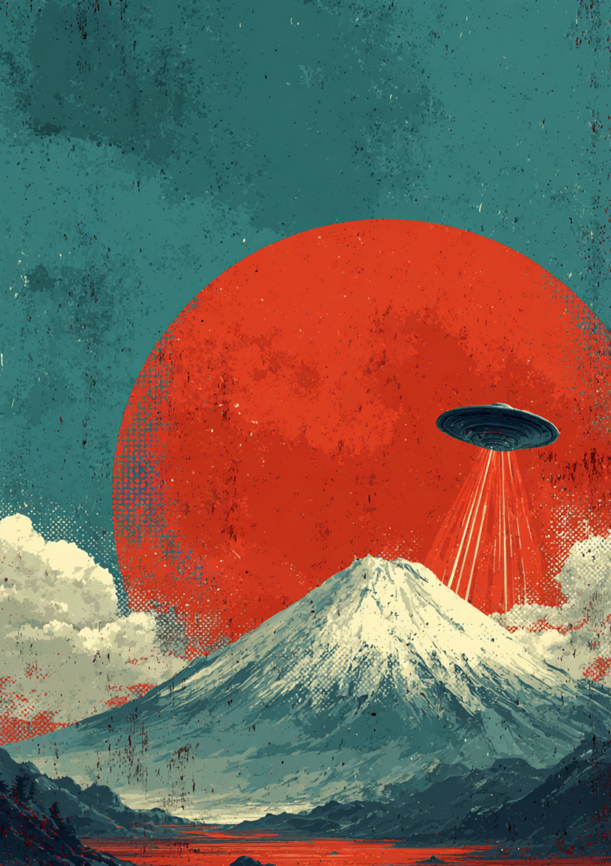 Retro sci-fi poster of UFO above Mount Fuji with red sun