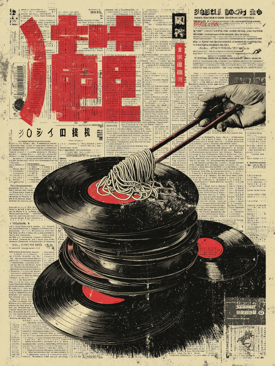 Urban Japanese pop art poster featuring vinyl records stacked like bowls with ramen noodles, overlaid on aged Japanese newspaper and red kanji text