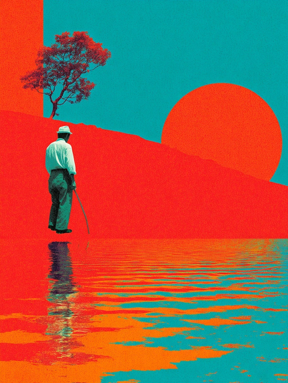 Japanese pop art poster of a man walking beside colorful water under a giant orange sun and red hillside in a surreal minimalist setting