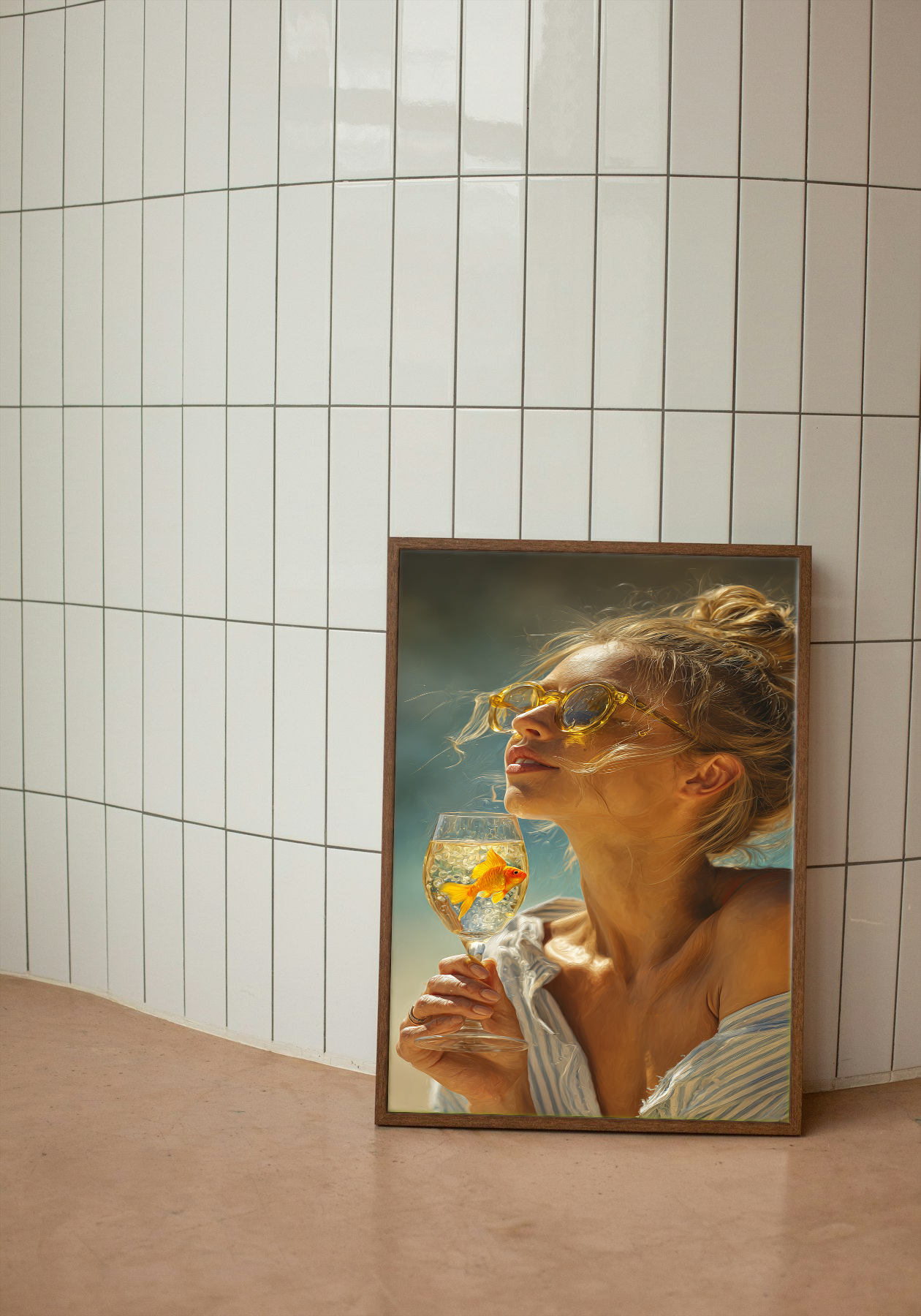 Golden Reflection - Surreal Woman with Goldfish Glass