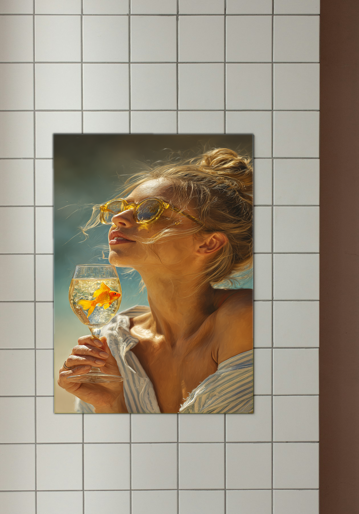 Golden Reflection - Surreal Woman with Goldfish Glass