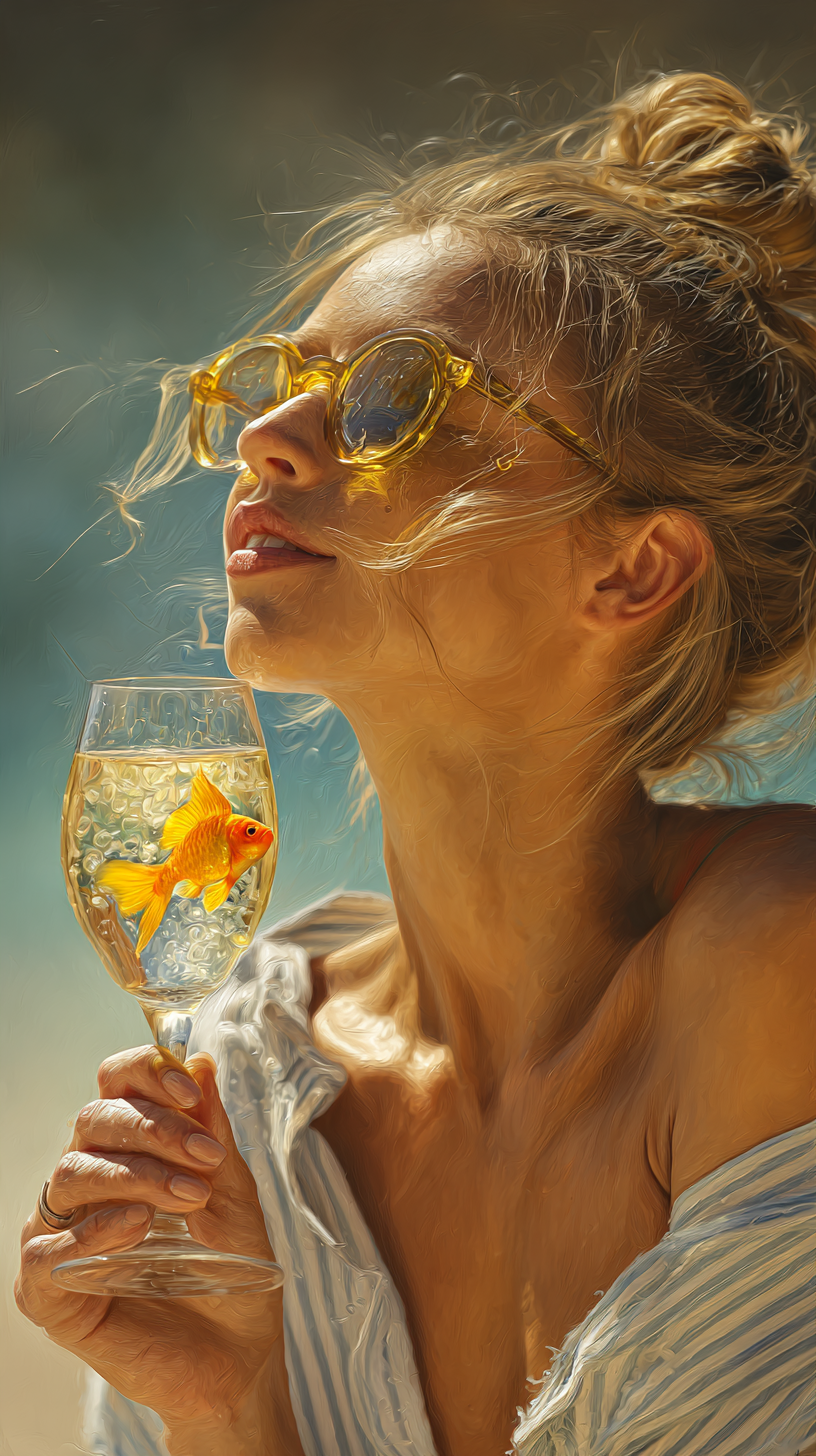 Golden Reflection - Surreal Woman with Goldfish Glass