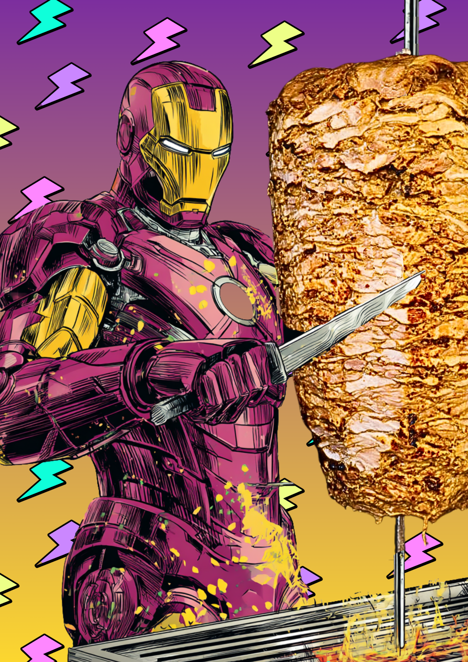 Comic-style Iron Man slicing shawarma meat in front of a yellow and purple lightning bolt background in Arabic pop art style